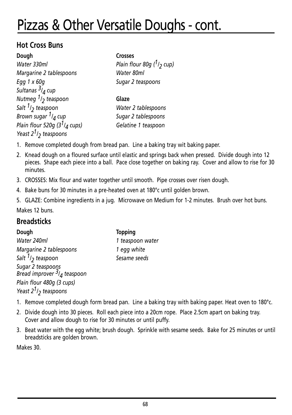 Pizzas & other versatile doughs - cont, Hot cross buns, Breadsticks | Sunbeam BM7800 User Manual | Page 68 / 80
