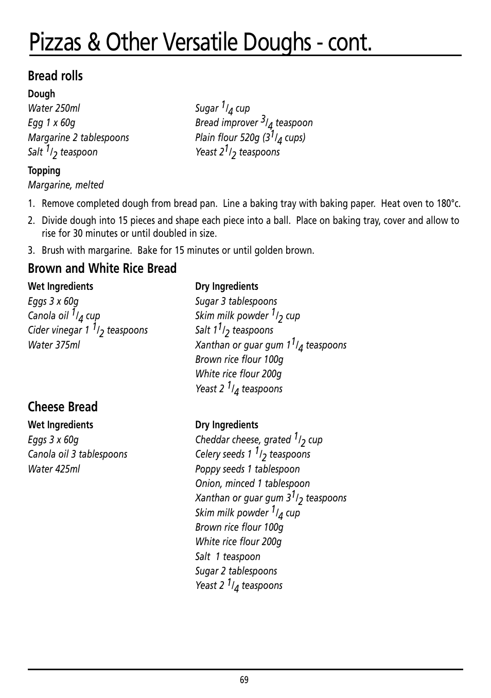 Pizzas & other versatile doughs - cont, Bread rolls, Brown and white rice bread | Cheese bread | Sunbeam BM7800 User Manual | Page 69 / 80