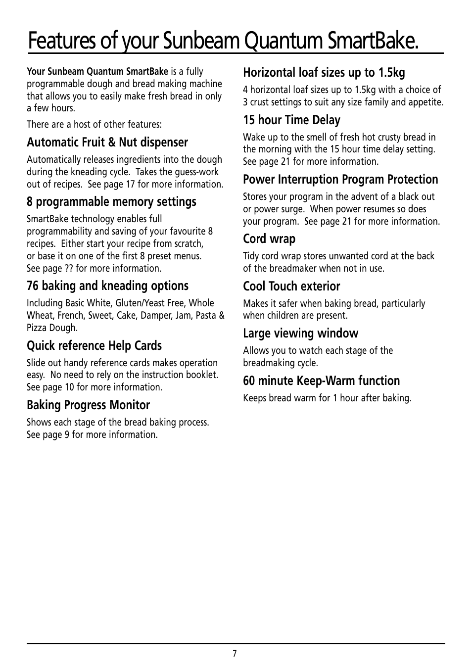 Features of your sunbeam quantum smartbake | Sunbeam BM7800 User Manual | Page 7 / 80