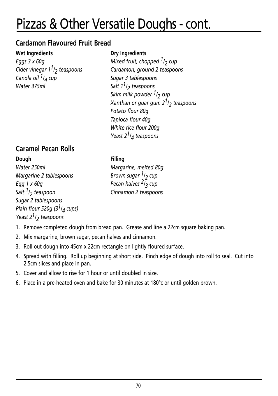 Pizzas & other versatile doughs - cont, Cardamon flavoured fruit bread, Caramel pecan rolls | Sunbeam BM7800 User Manual | Page 70 / 80