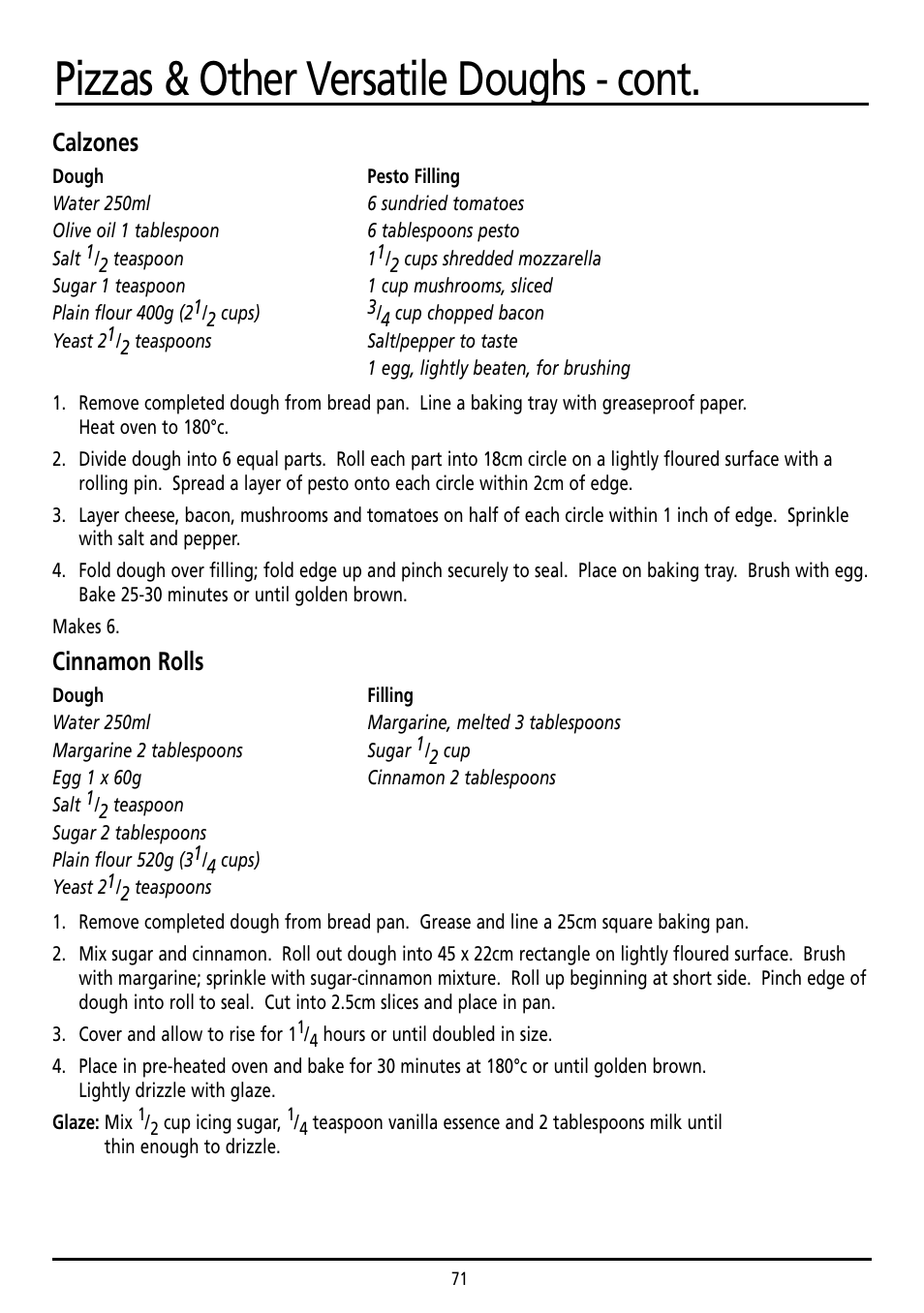 Pizzas & other versatile doughs - cont, Calzones, Cinnamon rolls | Sunbeam BM7800 User Manual | Page 71 / 80