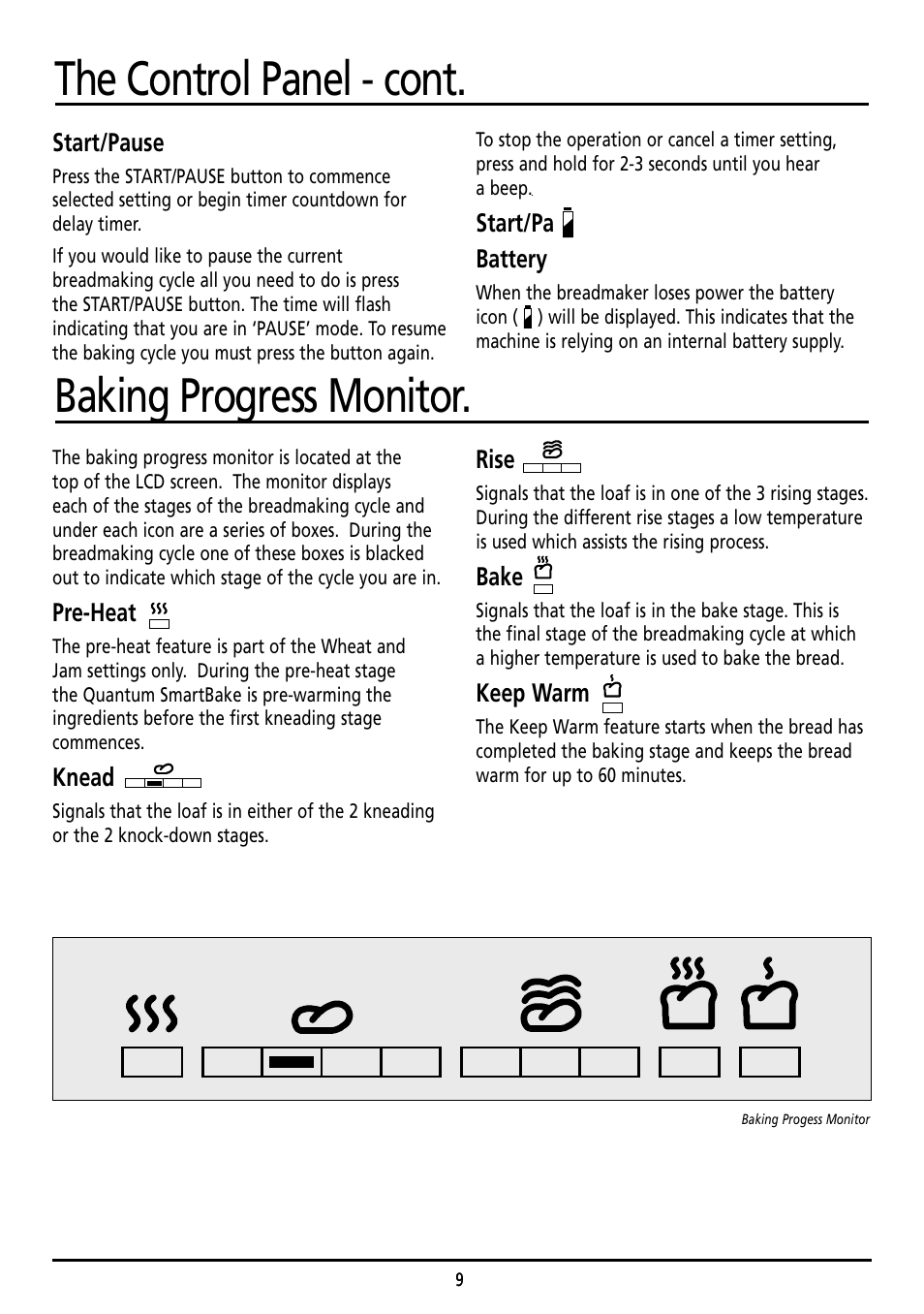 Baking progress monitor, The control panel - cont, Pre-heat | Knead, Rise, Bake, Keep warm, Start/pause, Start/pa battery | Sunbeam BM7800 User Manual | Page 9 / 80