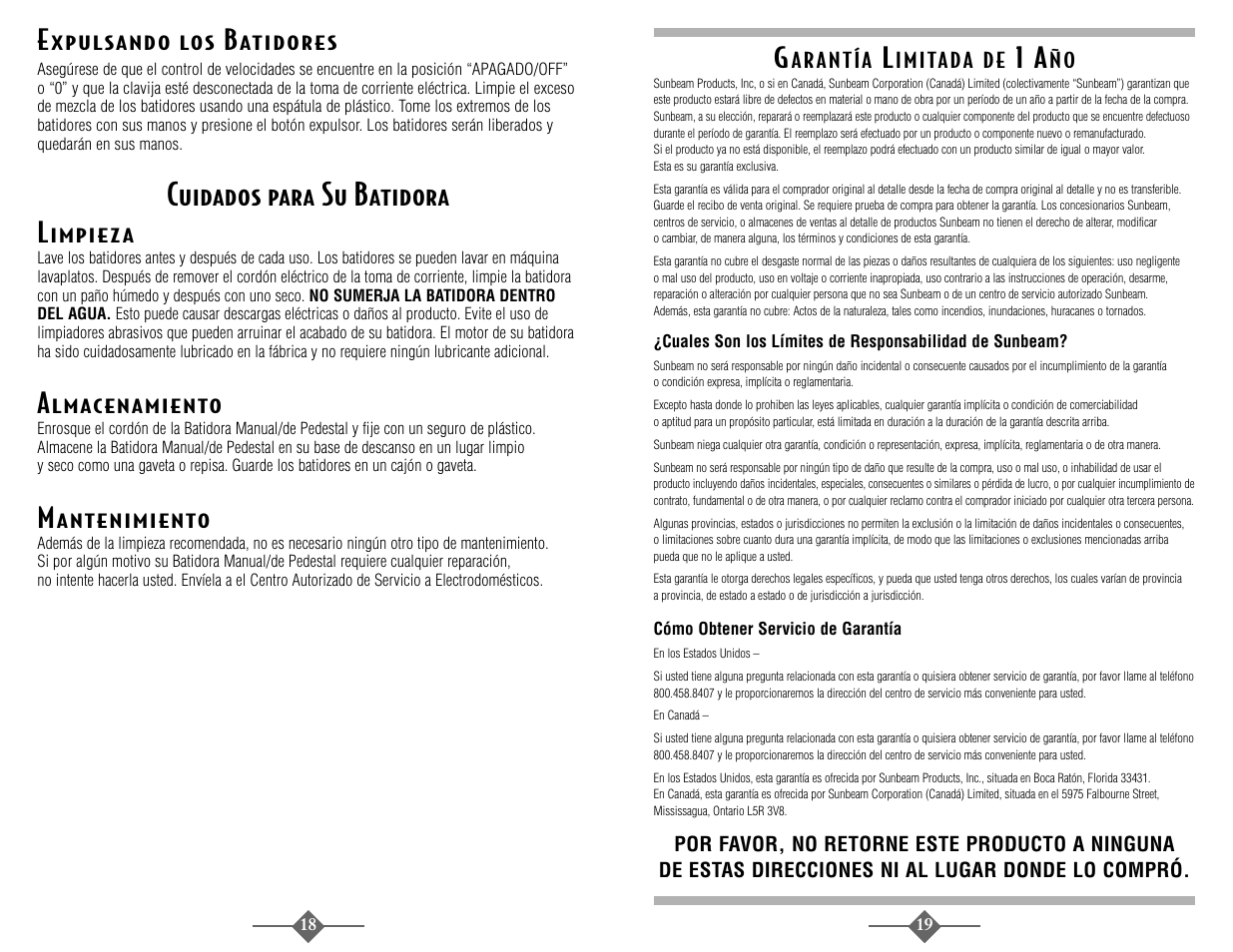 Cuidados para su batidora | Sunbeam 2372 User Manual | Page 18 / 28