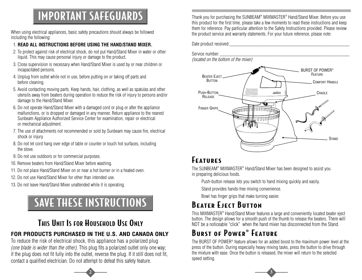 Important safeguards, Save these instructions, S fo r | Ousehold | Sunbeam 2372 User Manual | Page 2 / 28
