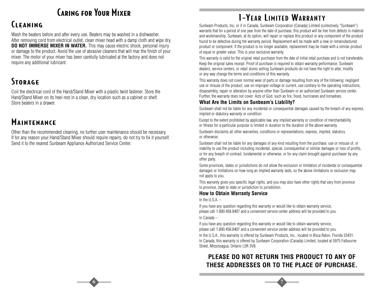 Caring for your mixer | Sunbeam 2372 User Manual | Page 7 / 28