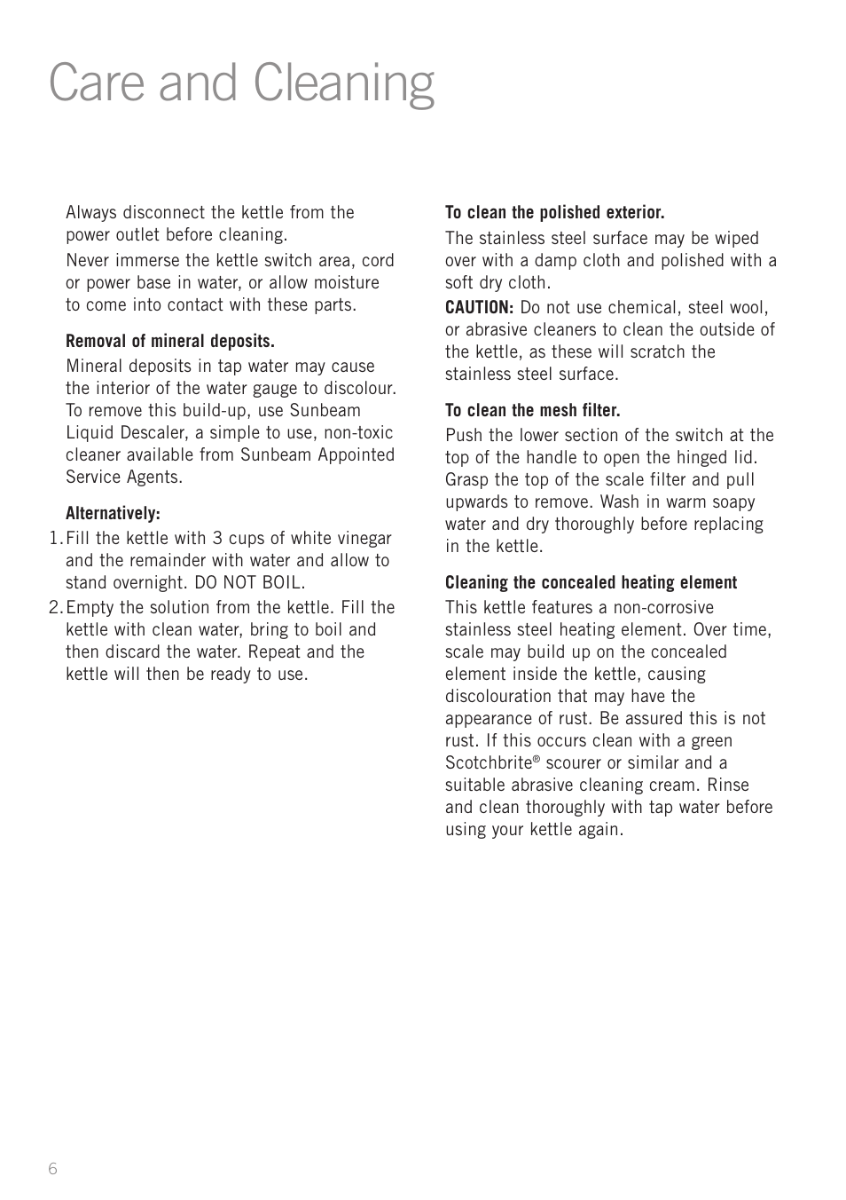 Care and cleaning | Sunbeam KE7500 User Manual | Page 8 / 10