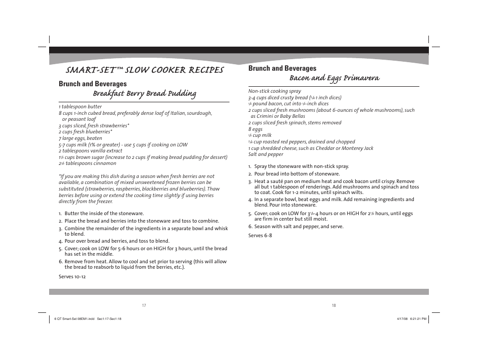 Smart-set™ slow cooker recipes, Breakfast berry bread pudding, Bacon and eggs primavera | Brunch and beverages | Sunbeam 08EM1 User Manual | Page 10 / 42