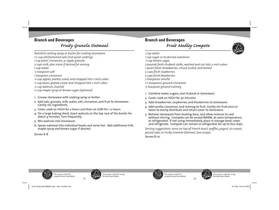 Fruity granola oatmeal, Fruit medley compote, Brunch and beverages | Sunbeam 08EM1 User Manual | Page 11 / 42