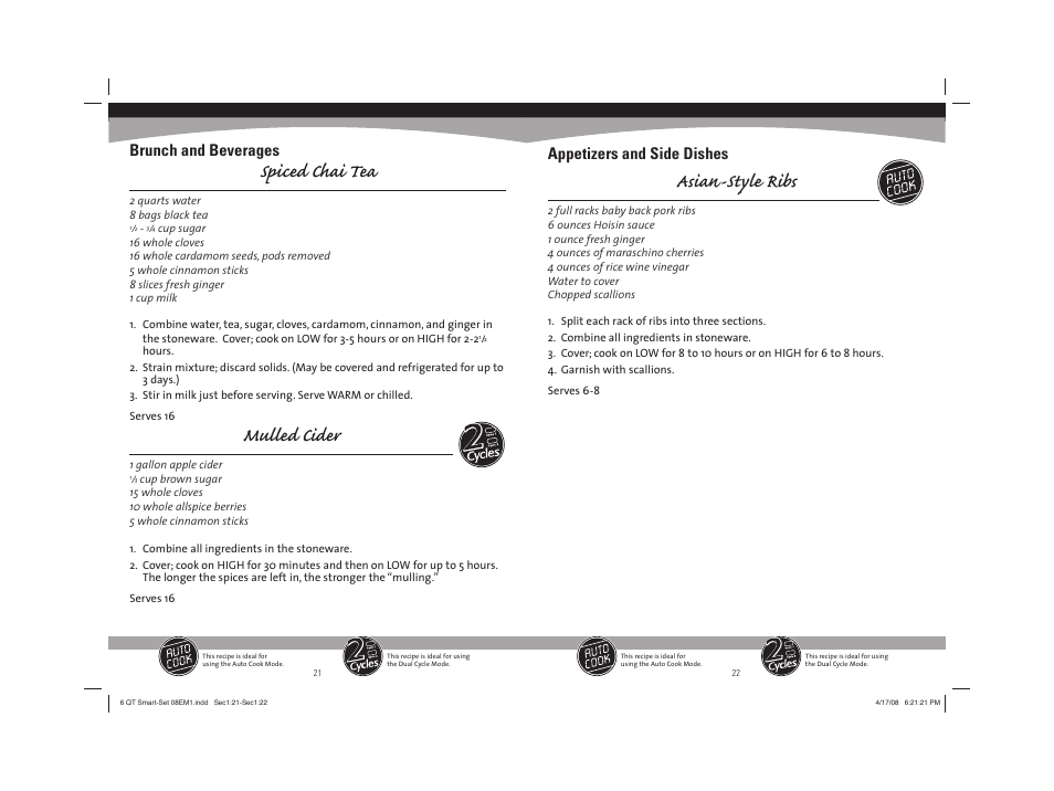 Spiced chai tea, Mulled cider, Asian-style ribs | Brunch and beverages, Appetizers and side dishes | Sunbeam 08EM1 User Manual | Page 12 / 42