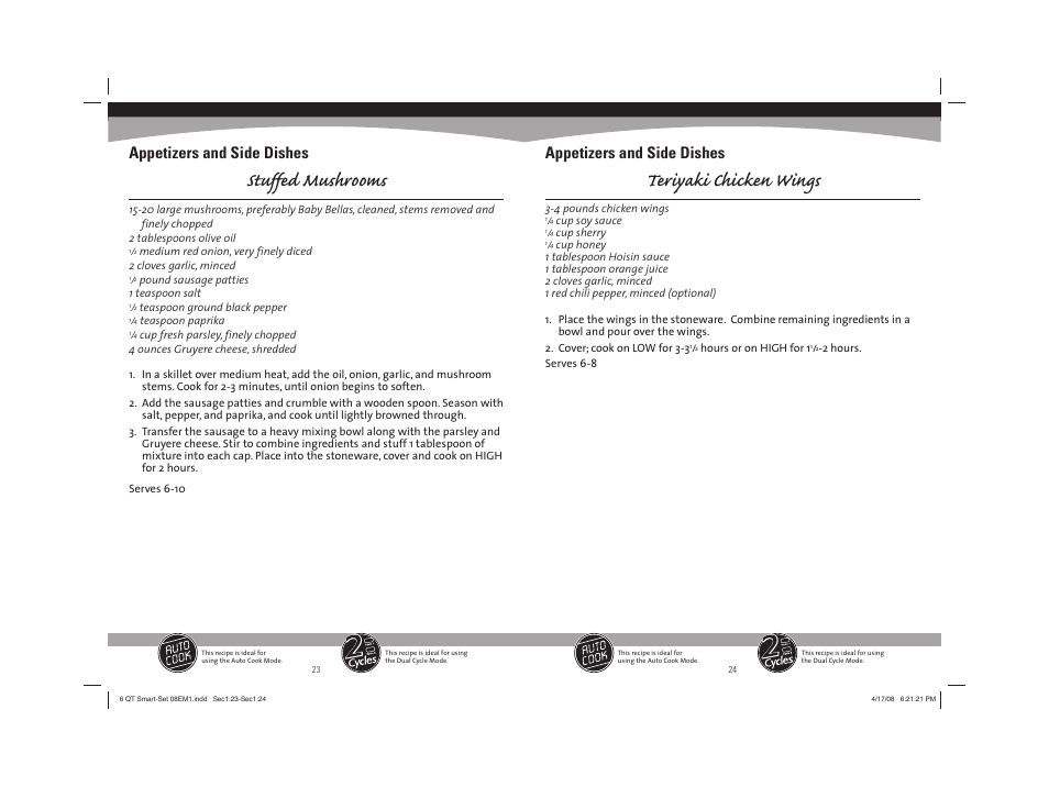 Stuffed mushrooms, Teriyaki chicken wings, Appetizers and side dishes | Sunbeam 08EM1 User Manual | Page 13 / 42
