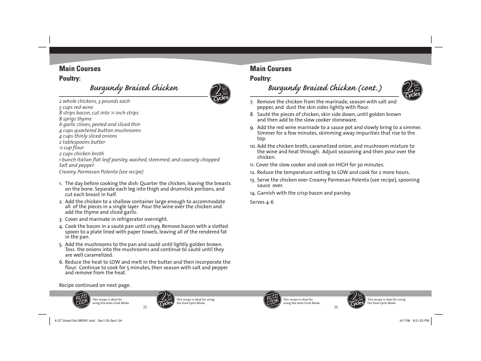 Burgundy braised chicken, Burgundy braised chicken (cont.), Main courses | Sunbeam 08EM1 User Manual | Page 18 / 42