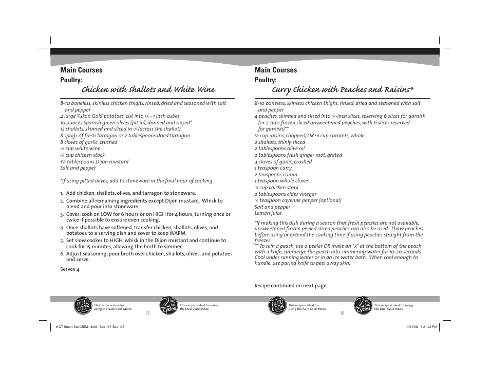Curry chicken with peaches and raisins, Chicken with shallots and white wine, Main courses | Poultry | Sunbeam 08EM1 User Manual | Page 20 / 42