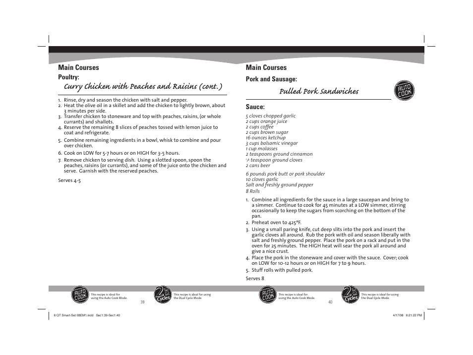 Curry chicken with peaches and raisins (cont.), Pulled pork sandwiches, Main courses | Sunbeam 08EM1 User Manual | Page 21 / 42