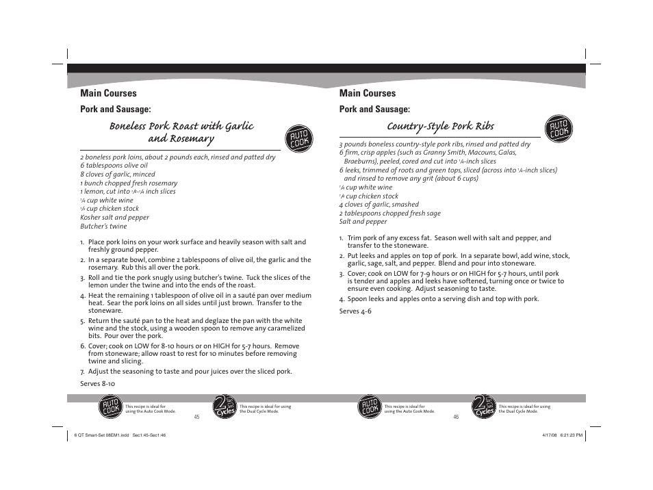 Boneless pork roast with garlic and rosemary, Country-style pork ribs, Main courses | Pork and sausage | Sunbeam 08EM1 User Manual | Page 24 / 42