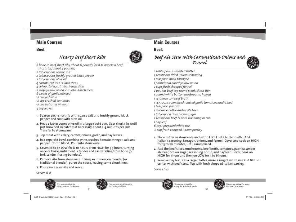 Hearty beef short ribs, Beef ale stew with caramelized onions and fennel, Main courses | Beef | Sunbeam 08EM1 User Manual | Page 27 / 42