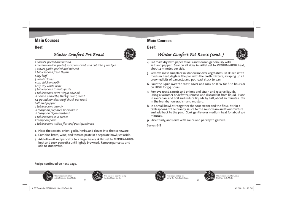 Winter comfort pot roast, Winter comfort pot roast (cont.), Main courses | Beef | Sunbeam 08EM1 User Manual | Page 28 / 42