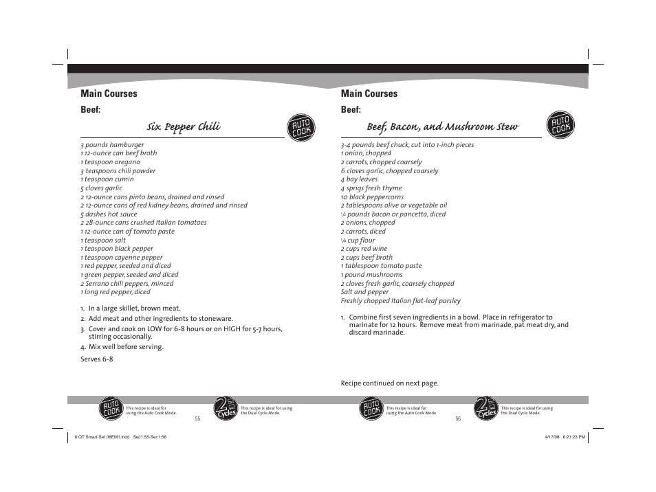 Six pepper chili, Beef, bacon, and mushroom stew, Main courses | Beef | Sunbeam 08EM1 User Manual | Page 29 / 42
