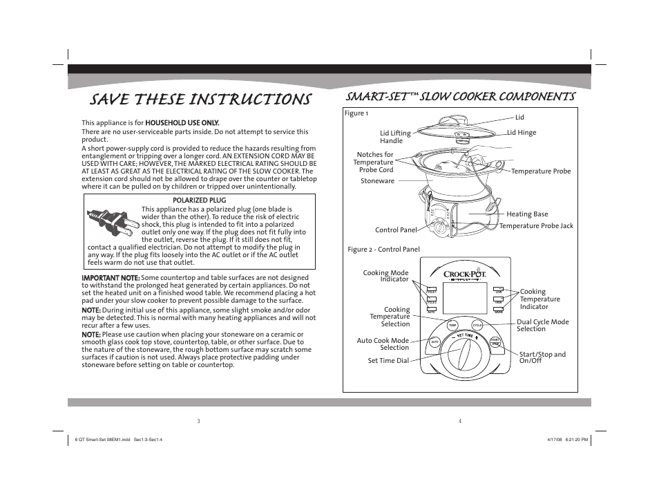 Save these instructions, Smart-set™ slow cooker components | Sunbeam 08EM1 User Manual | Page 3 / 42
