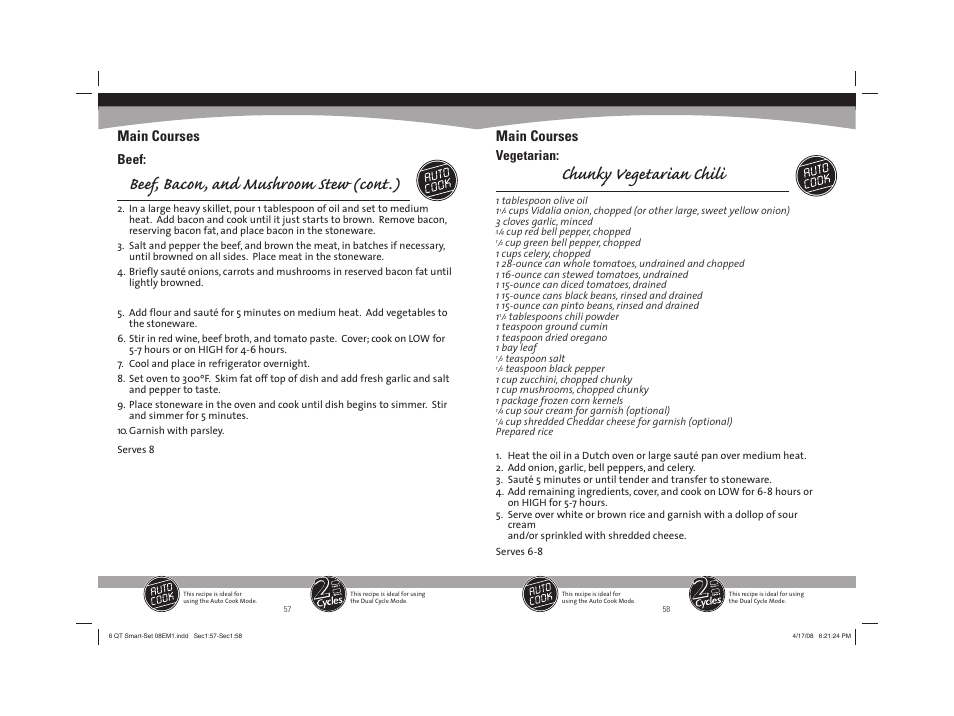 Chunky vegetarian chili, Beef, bacon, and mushroom stew (cont.), Main courses | Vegetarian, Beef | Sunbeam 08EM1 User Manual | Page 30 / 42