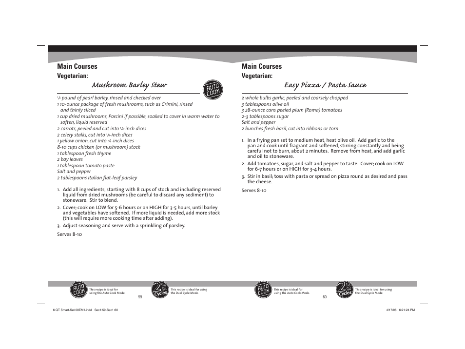 Mushroom barley stew, Easy pizza / pasta sauce, Main courses | Vegetarian | Sunbeam 08EM1 User Manual | Page 31 / 42