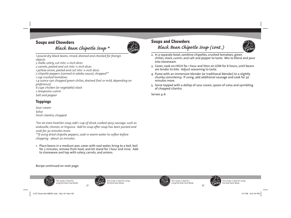 Black bean chipotle soup, Black bean chipotle soup (cont.), Soups and chowders | Toppings | Sunbeam 08EM1 User Manual | Page 32 / 42