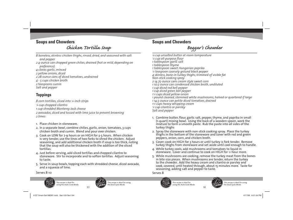 Chicken tortilla soup, Beggar’s chowder, Soups and chowders | Toppings | Sunbeam 08EM1 User Manual | Page 33 / 42