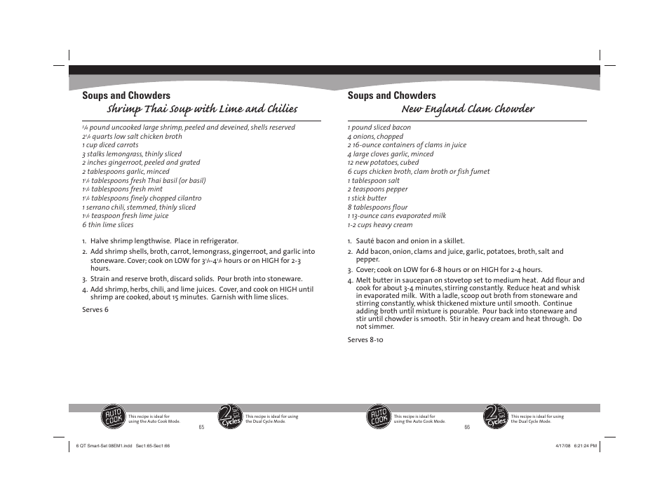 Shrimp thai soup with lime and chilies, New england clam chowder, Soups and chowders | Sunbeam 08EM1 User Manual | Page 34 / 42