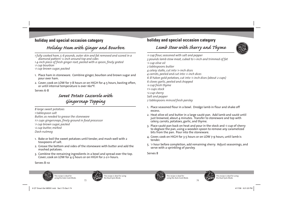 Holiday ham with ginger and bourbon, Sweet potato casserole with gingersnap topping, Lamb stew with sherry and thyme | Holiday and special occasion category | Sunbeam 08EM1 User Manual | Page 38 / 42
