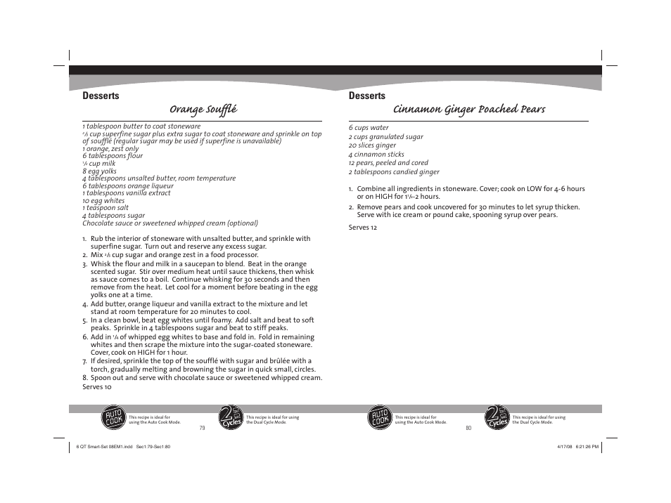 Orange souffl é, Cinnamon ginger poached pears, Desserts | Sunbeam 08EM1 User Manual | Page 41 / 42