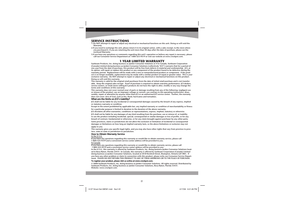 Service instructions, 1 year limited warranty | Sunbeam 08EM1 User Manual | Page 42 / 42