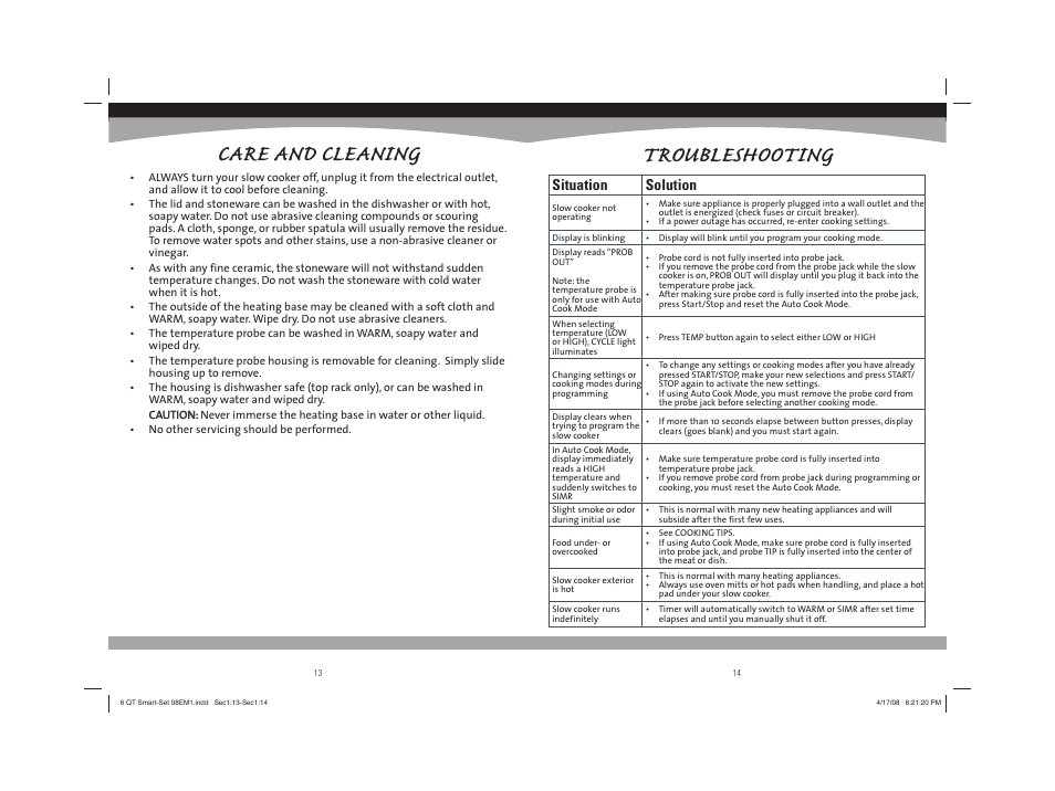 Care and cleaning, Troubleshooting, Situation solution | Sunbeam 08EM1 User Manual | Page 8 / 42