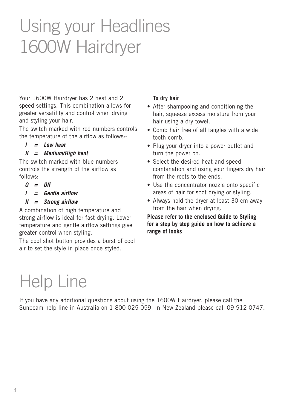 Using your headlines 1600w hairdryer help line | Sunbeam HD7600 User Manual | Page 6 / 9