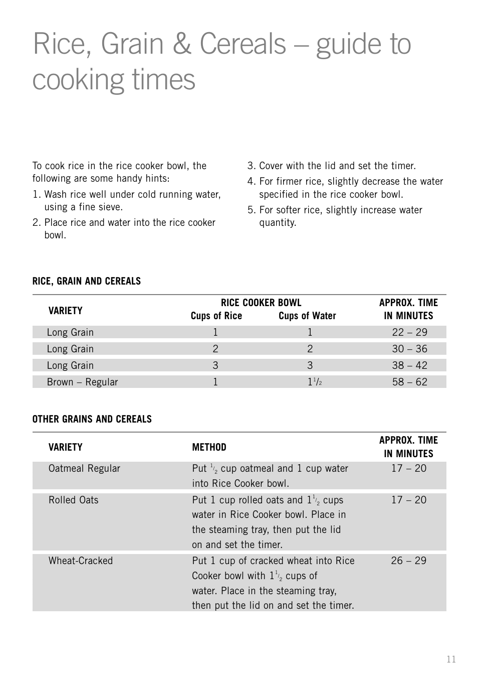 Rice, grain & cereals – guide to cooking times | Sunbeam ST6610 User Manual | Page 13 / 24