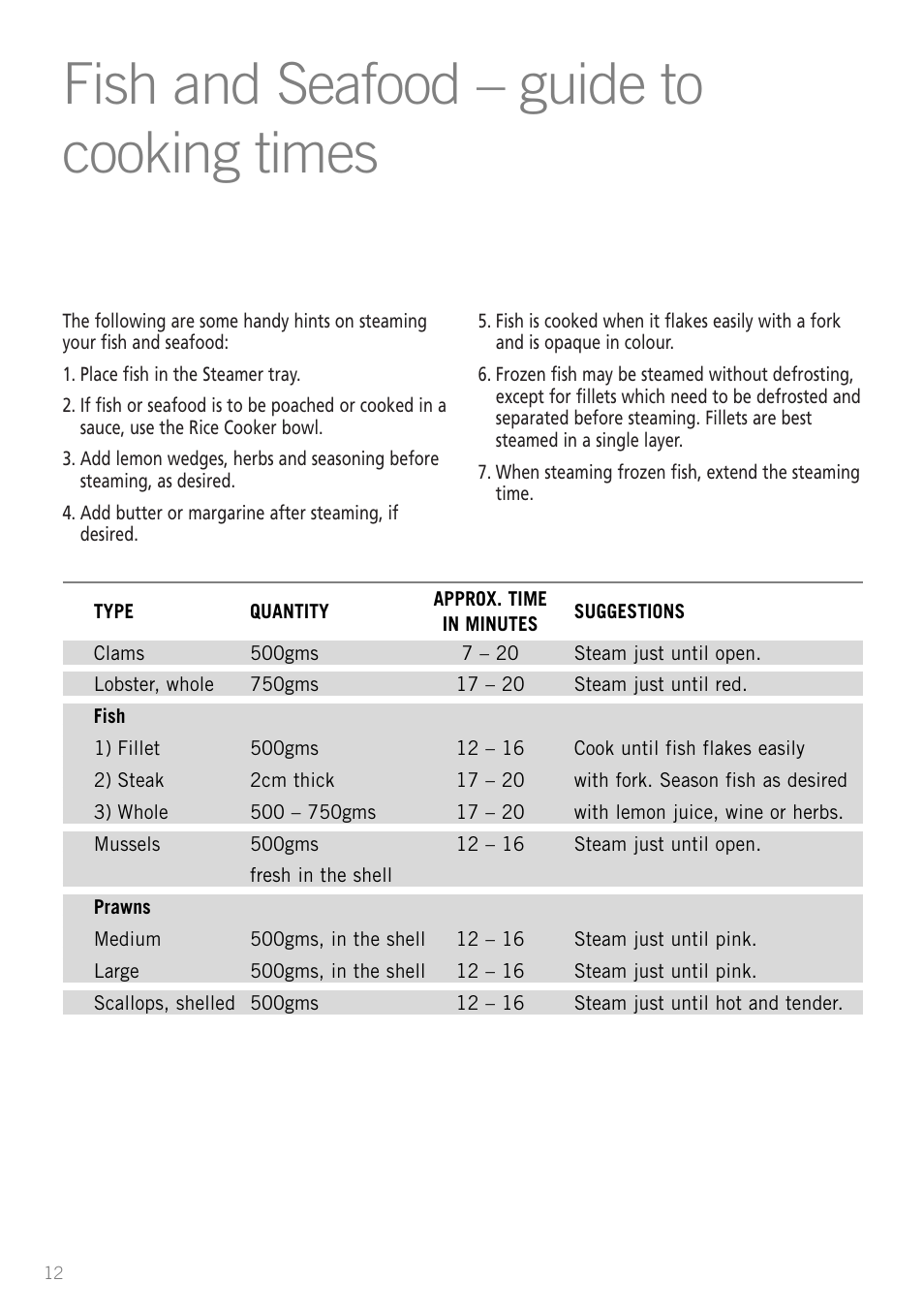 Fish and seafood – guide to cooking times | Sunbeam ST6610 User Manual | Page 14 / 24