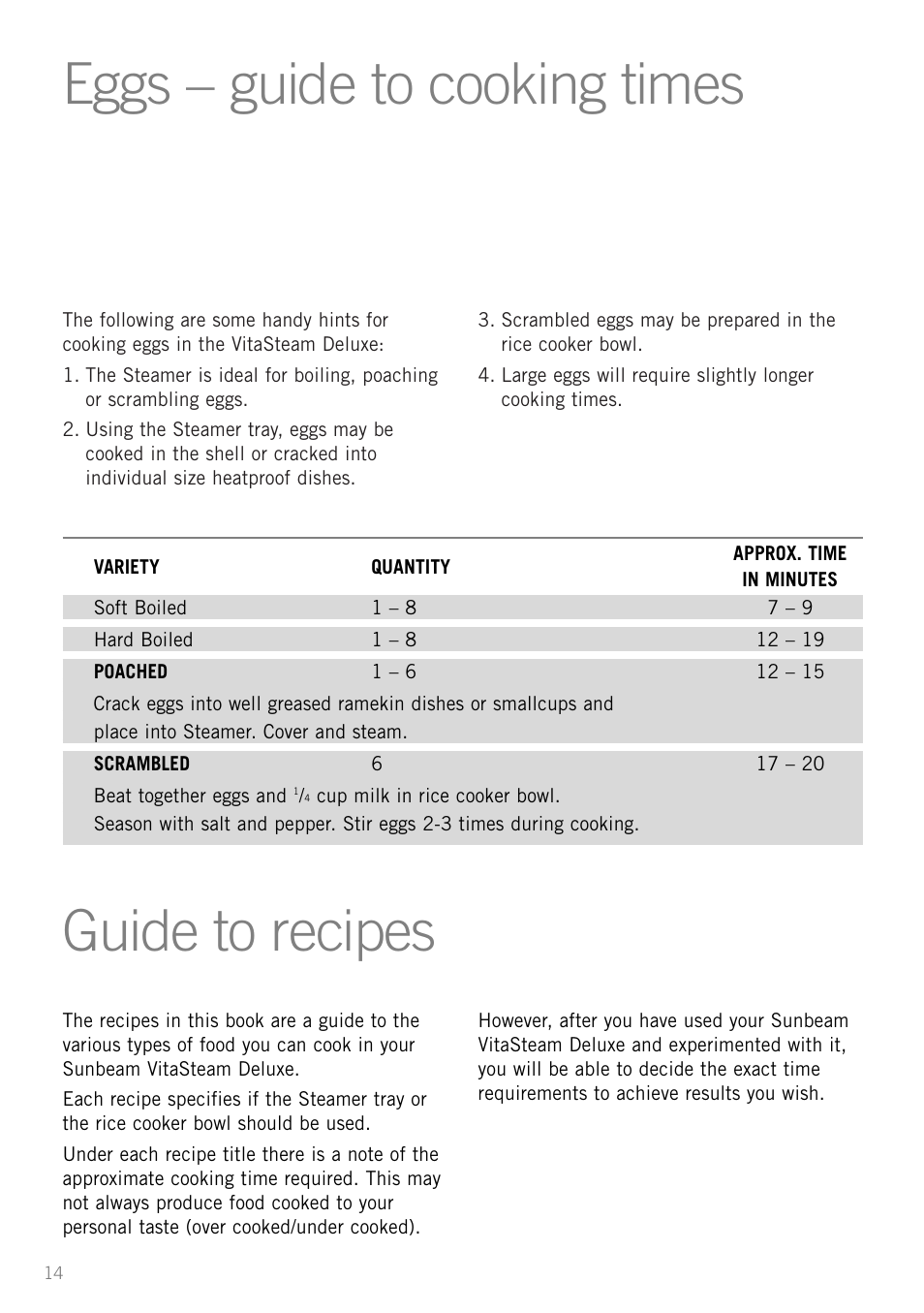Eggs – guide to cooking times, Guide to recipes | Sunbeam ST6610 User Manual | Page 16 / 24