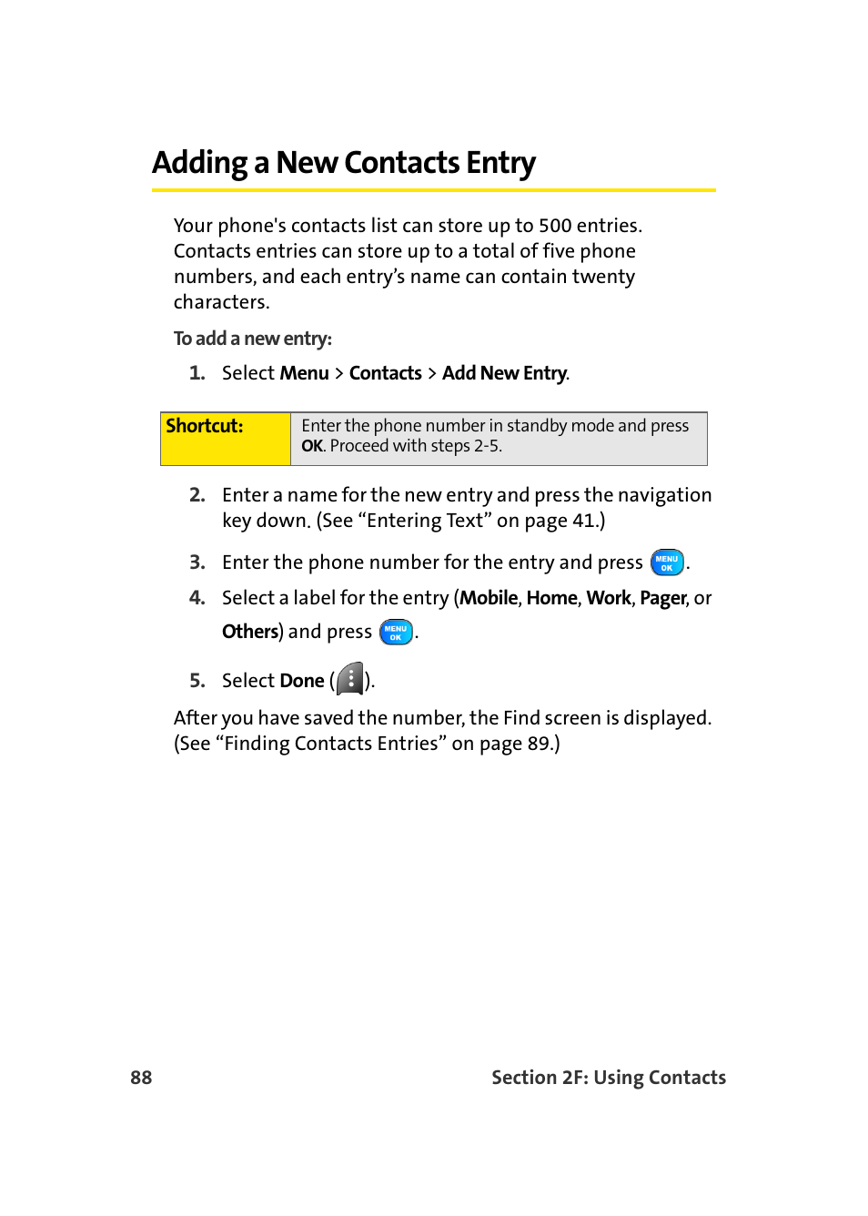 Adding a new contacts entry | Samsung A920 User Manual | Page 112 / 272