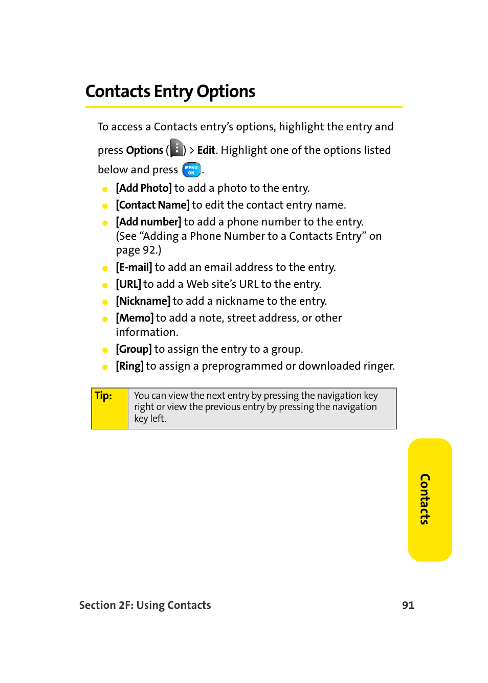 Contacts entry options, Co n ta ct s | Samsung A920 User Manual | Page 115 / 272