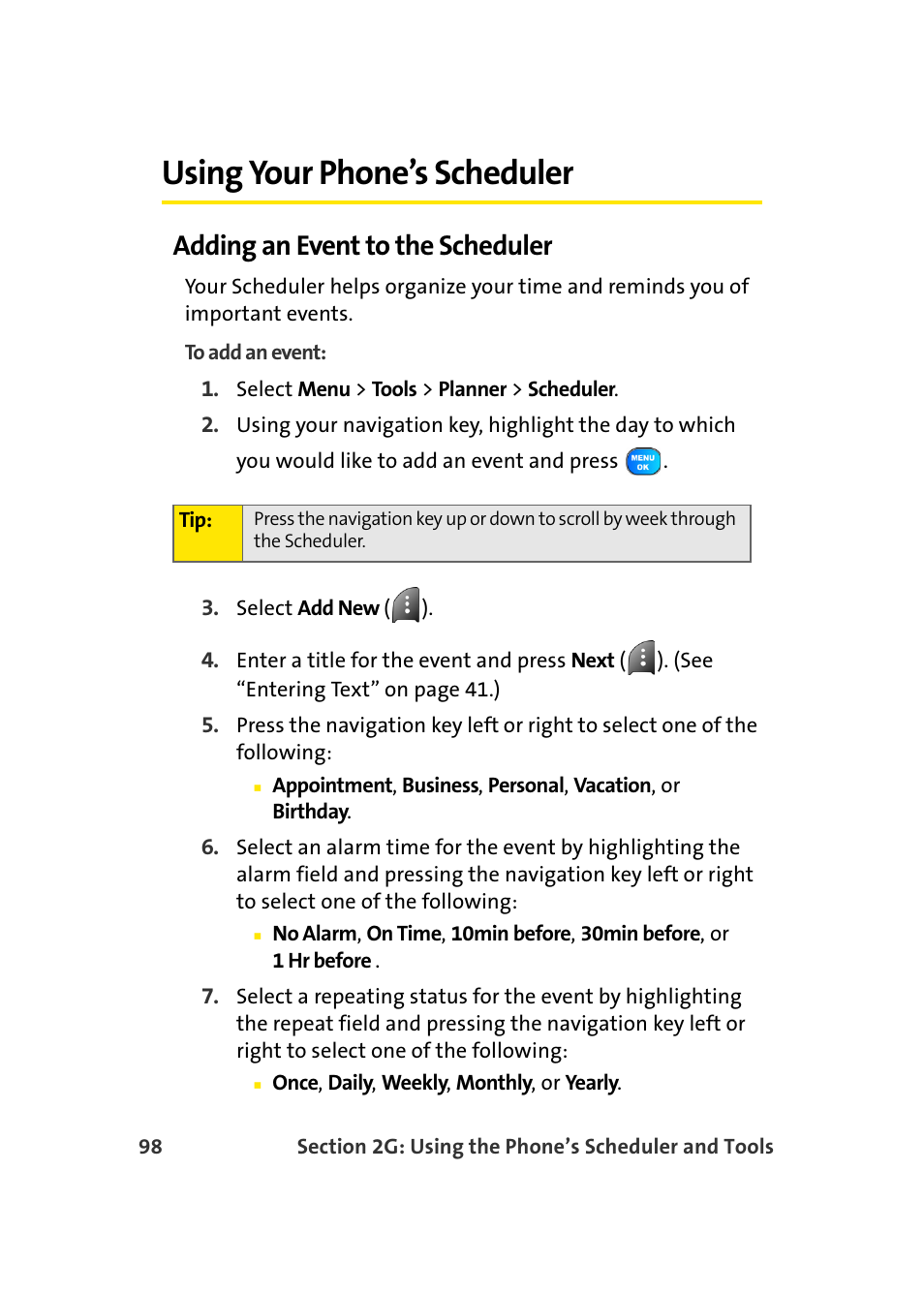 Using your phone’s scheduler, Adding an event to the scheduler | Samsung A920 User Manual | Page 122 / 272