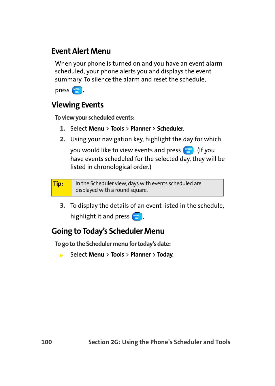 Event alert menu, Viewing events, Going to today’s scheduler menu | Samsung A920 User Manual | Page 124 / 272