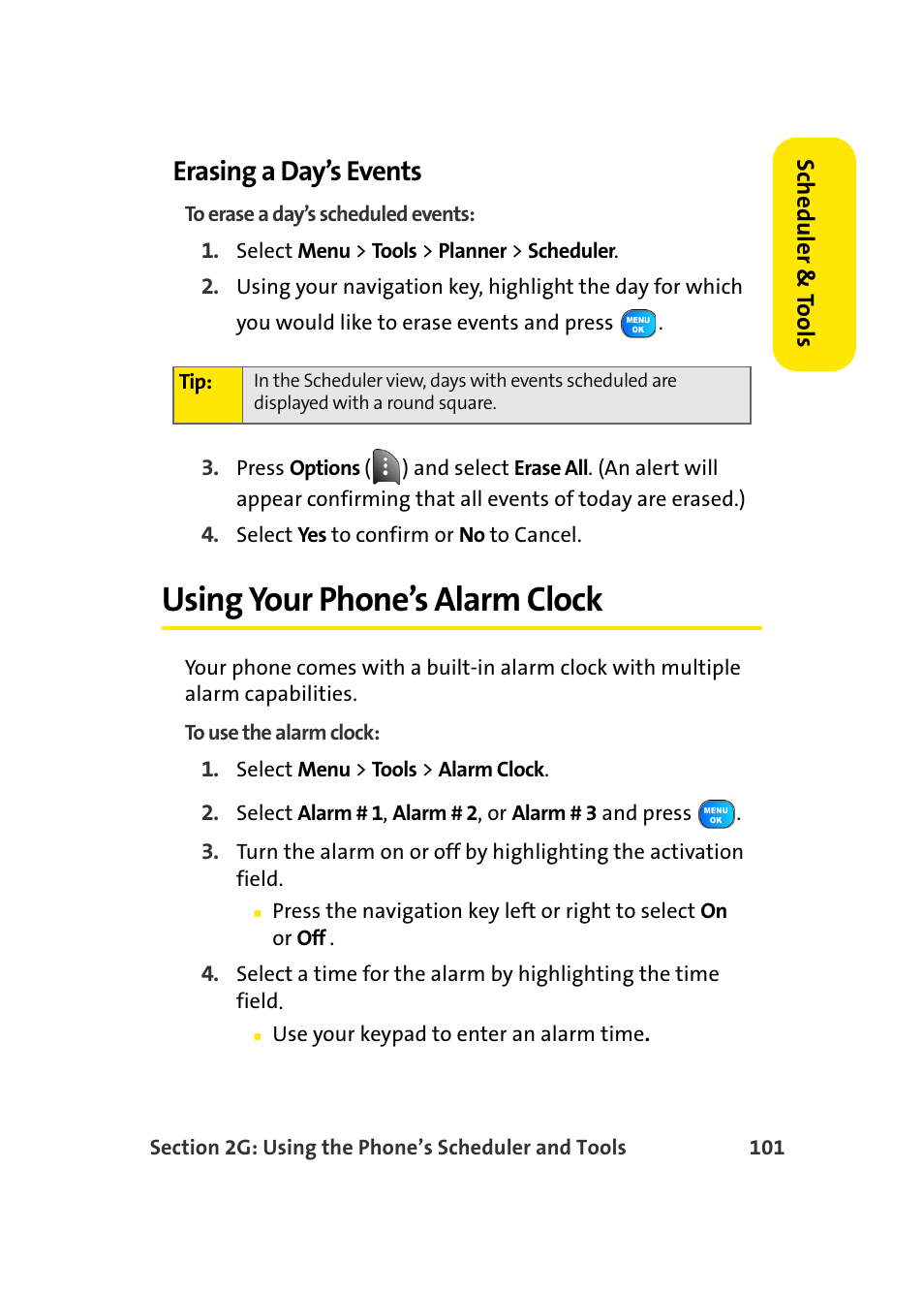 Erasing a day’s events, Using your phone’s alarm clock | Samsung A920 User Manual | Page 125 / 272