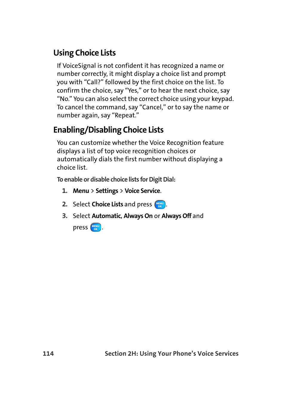 Using choice lists, Enabling/disabling choice lists | Samsung A920 User Manual | Page 138 / 272