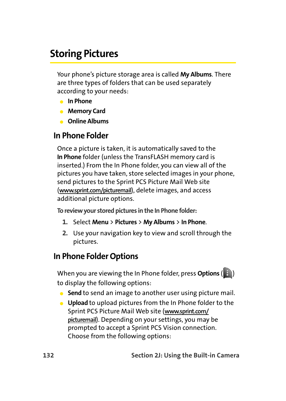 Storing pictures, In phone folder, In phone folder options | Samsung A920 User Manual | Page 156 / 272