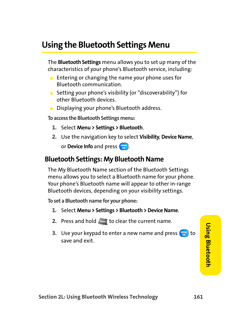 Using the bluetooth settings menu, Bluetooth settings: my bluetooth name | Samsung A920 User Manual | Page 185 / 272