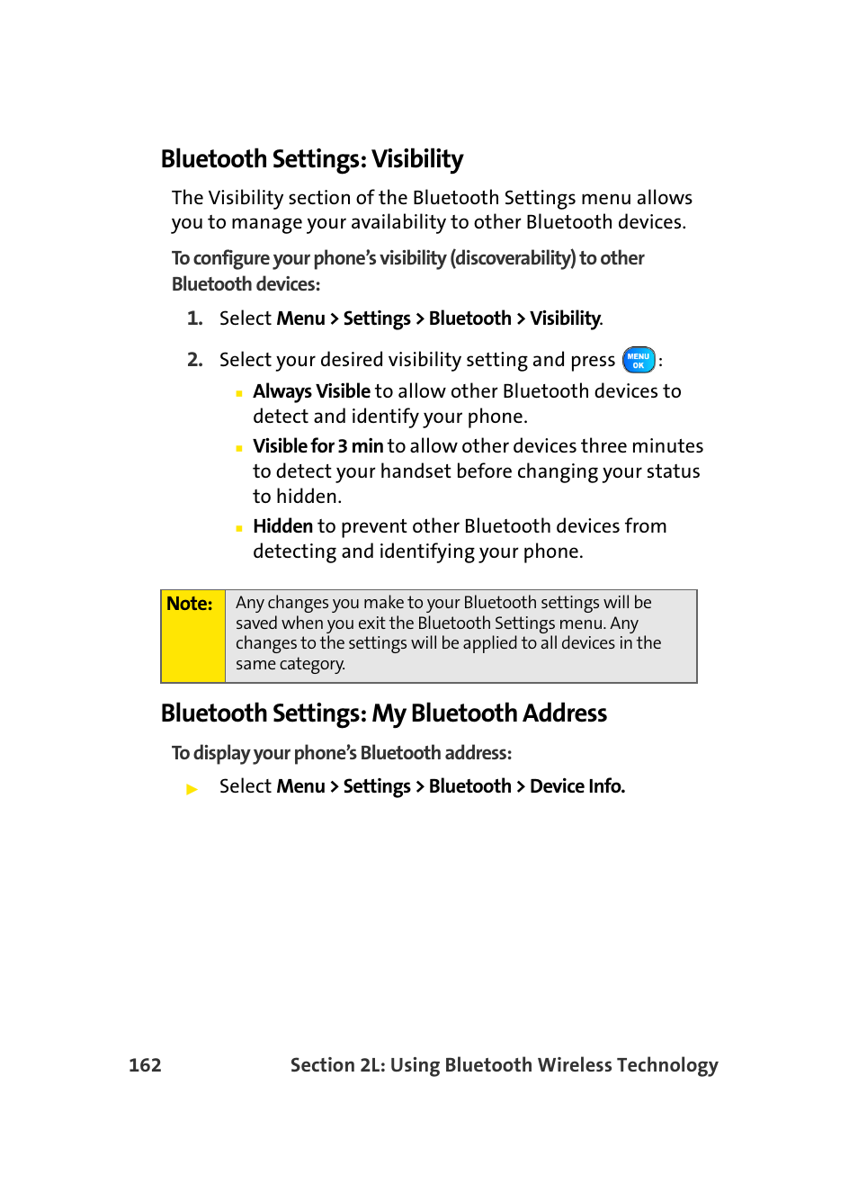 Bluetooth settings: visibility, Bluetooth settings: my bluetooth address | Samsung A920 User Manual | Page 186 / 272