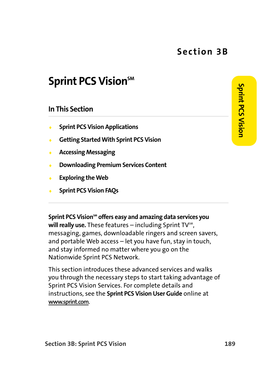 Sprint pcs visionsm, Sprint pcs vision, Spr in t pcs v ision | Samsung A920 User Manual | Page 213 / 272