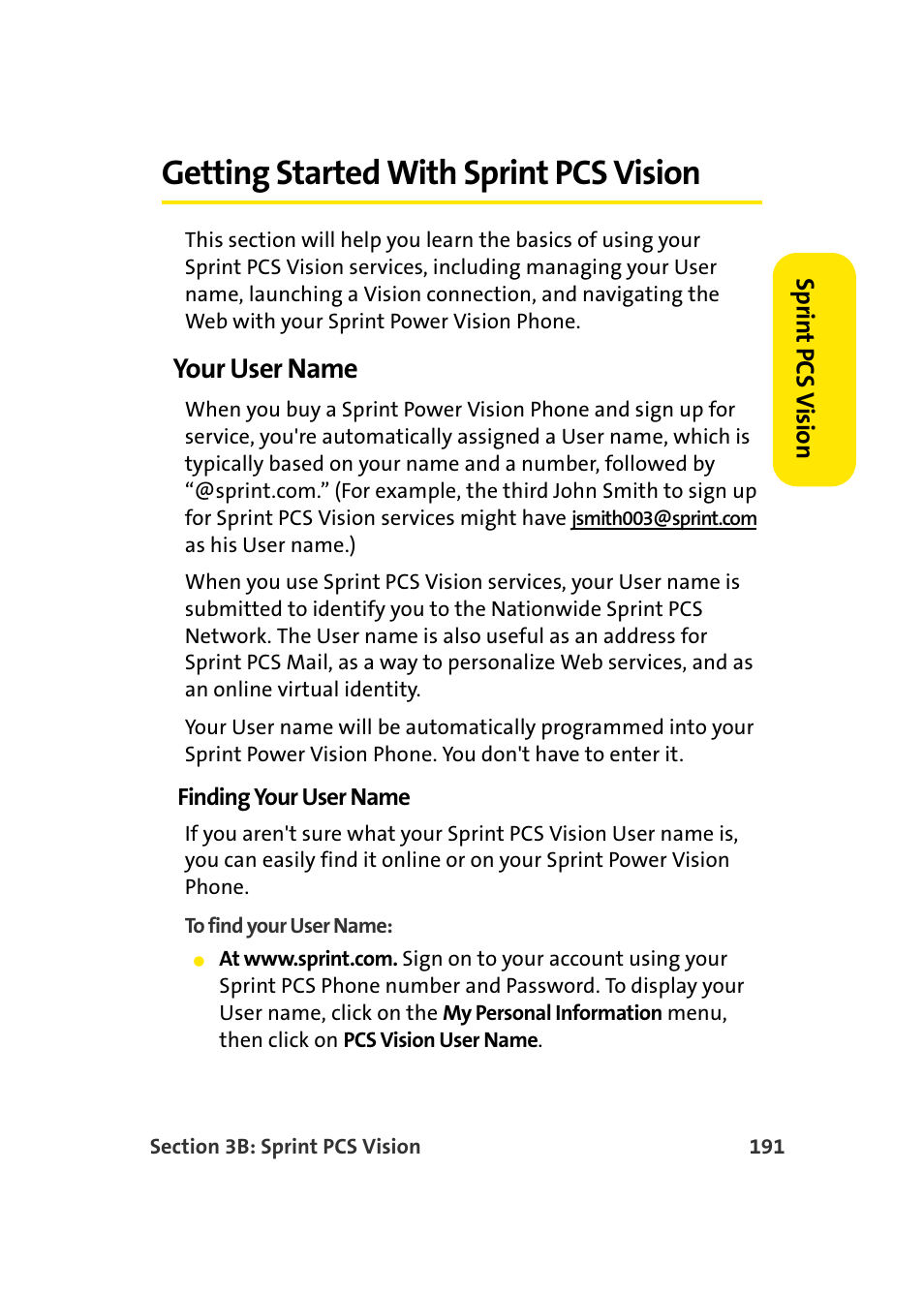 Getting started with sprint pcs vision, Your user name | Samsung A920 User Manual | Page 215 / 272