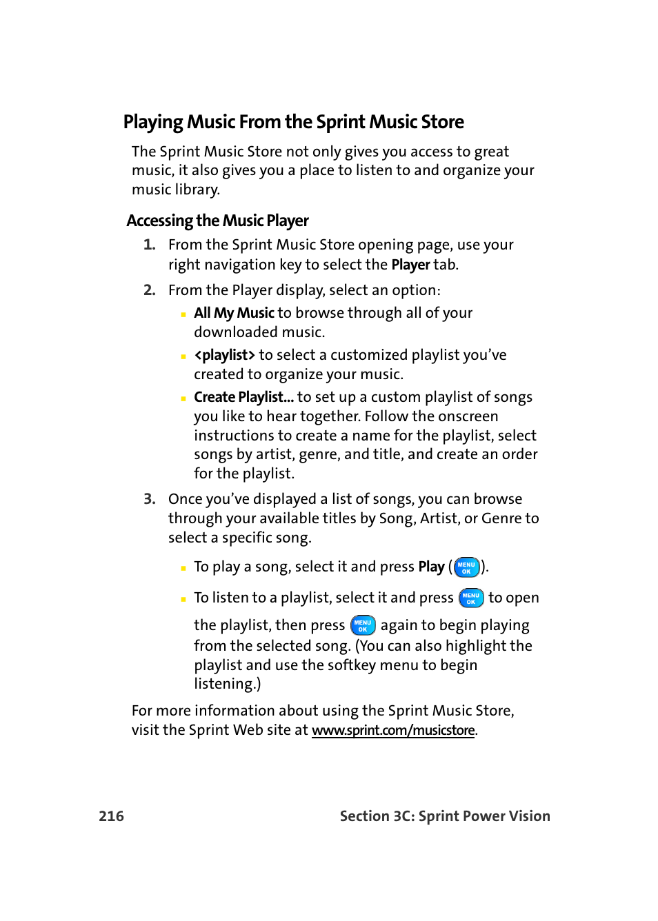 Playing music from the sprint music store, Accessing the music player | Samsung A920 User Manual | Page 240 / 272
