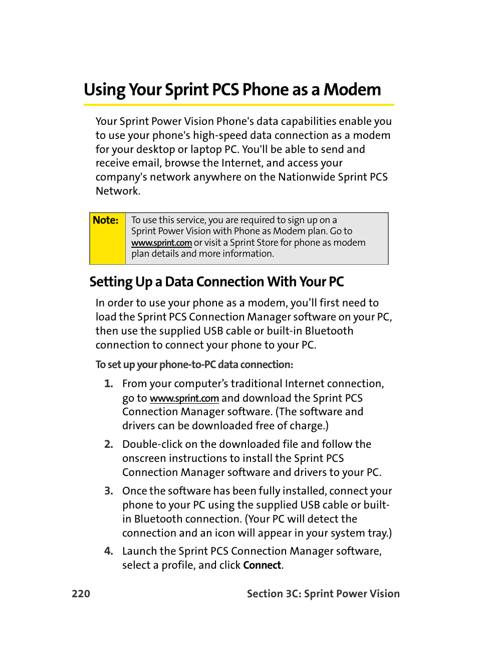 Using your sprint pcs phone as a modem, Setting up a data connection with your pc | Samsung A920 User Manual | Page 244 / 272