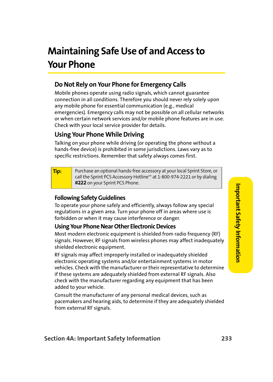 Maintaining safe use of and access to your phone | Samsung A920 User Manual | Page 257 / 272