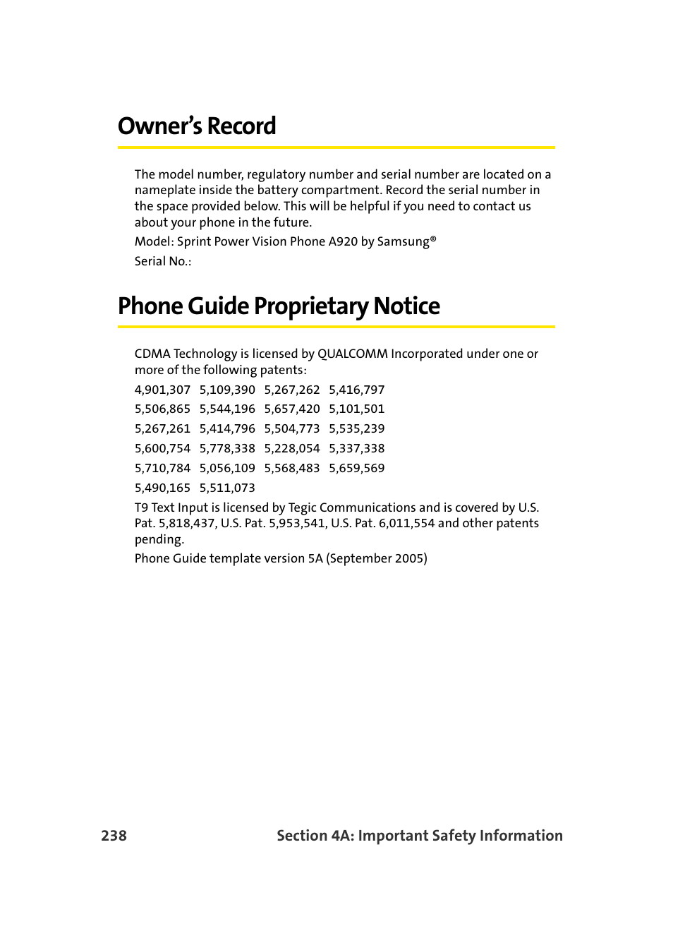 Owner’s record, Phone guide proprietary notice | Samsung A920 User Manual | Page 262 / 272